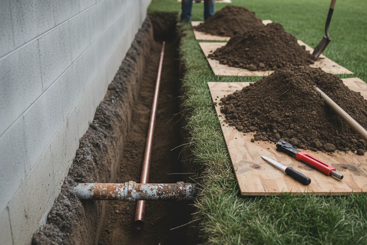 Excavated water line trench during Water Softener Installation in Mallard